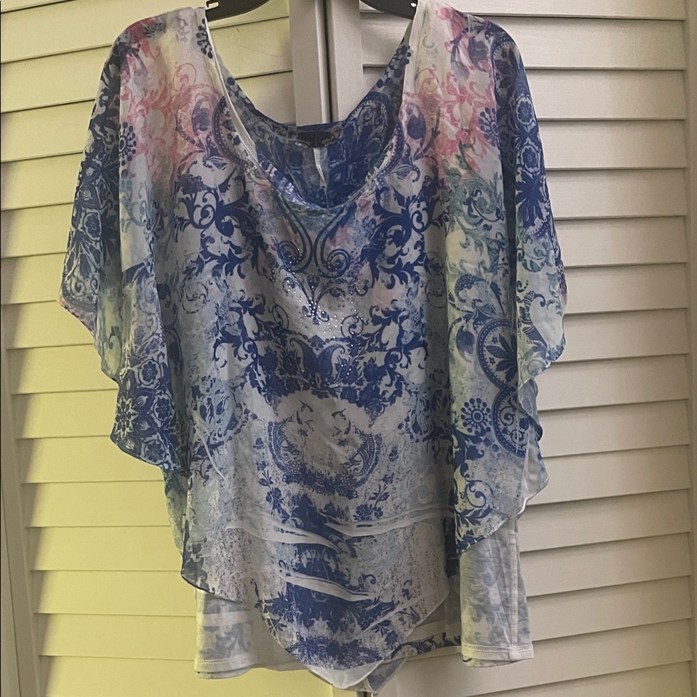 Beautiful flowy Blue and Pink Patterned Women's Top over attached cotton tank